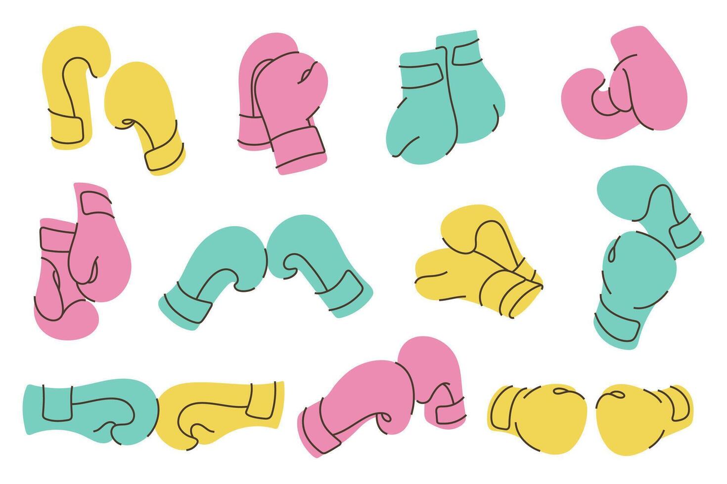 Set of colorful boxing gloves in various poses. Perfect for sport, fitness and training designs. vector