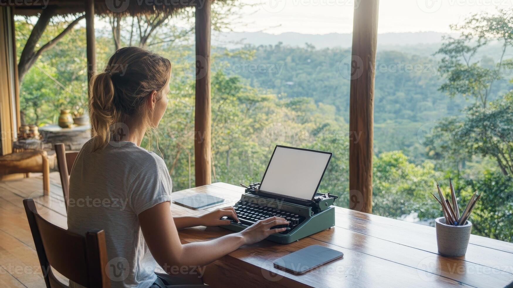In a serene countryside setting, a woman types on a vintage typewriter, engaging in mindful creativity photo