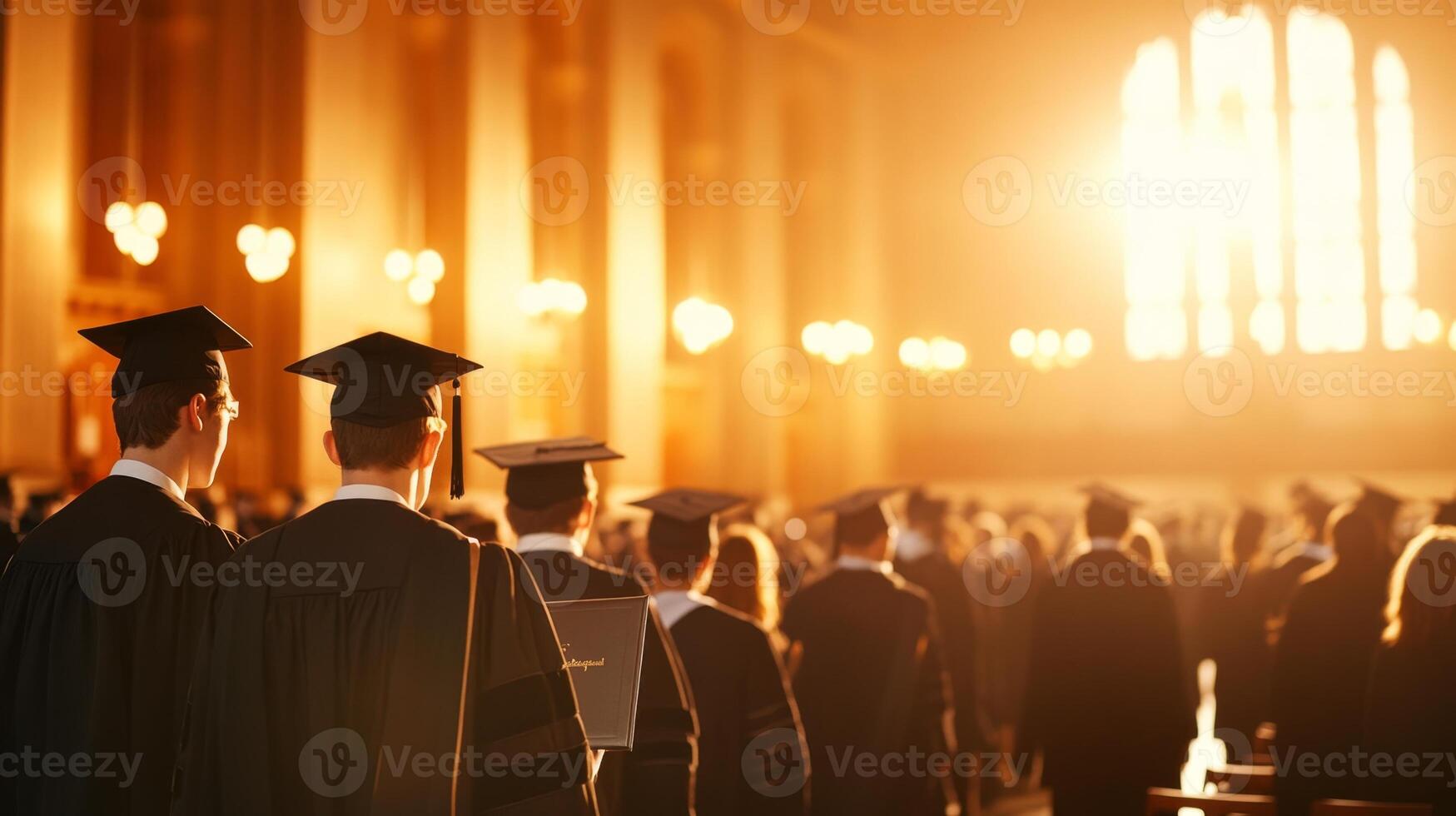 Graduates in caps and gowns celebrate receiving diplomas in an elegant hall photo