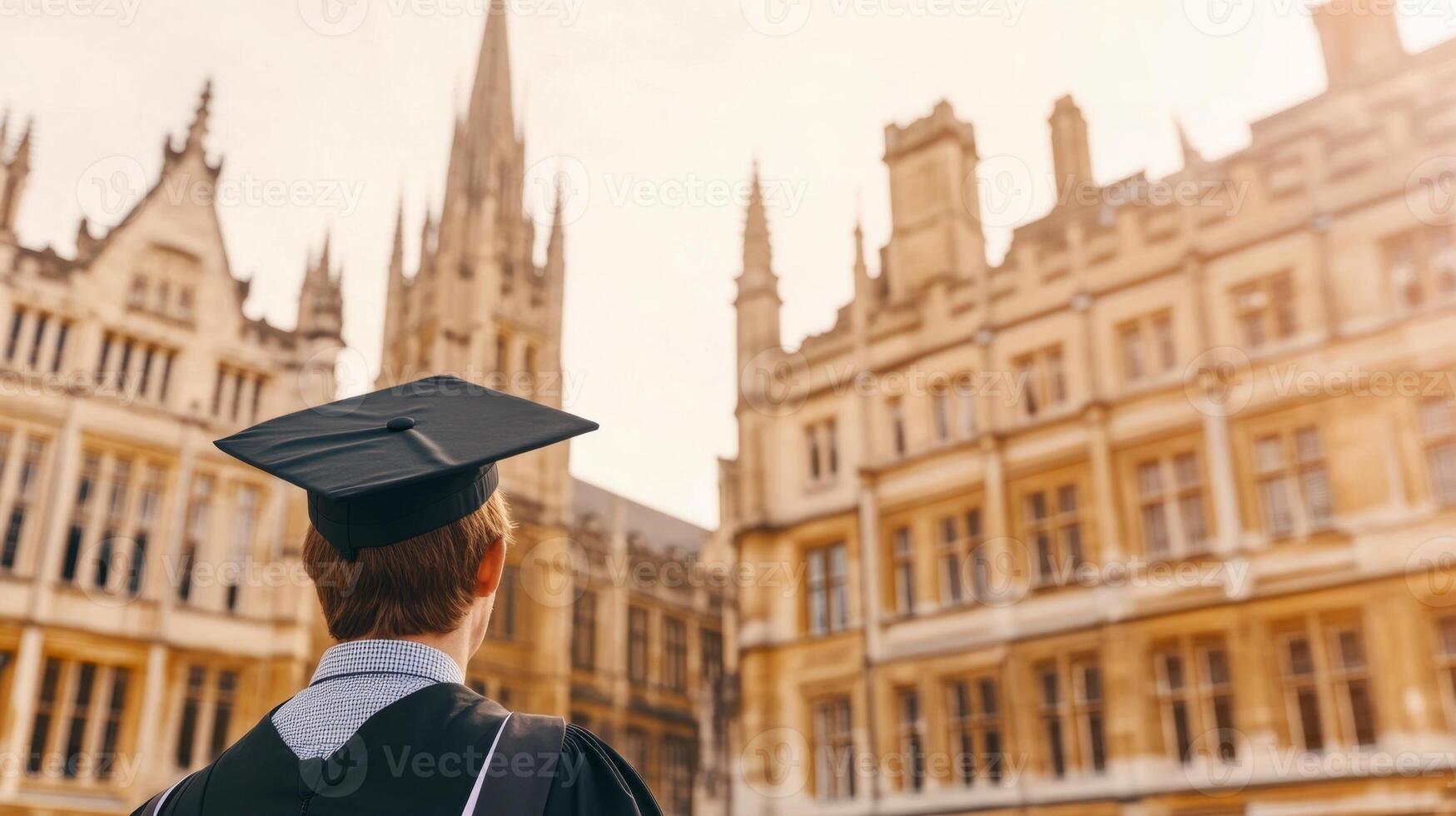 Graduate joyfully throws cap in celebration of academic success in front of iconic university architecture photo