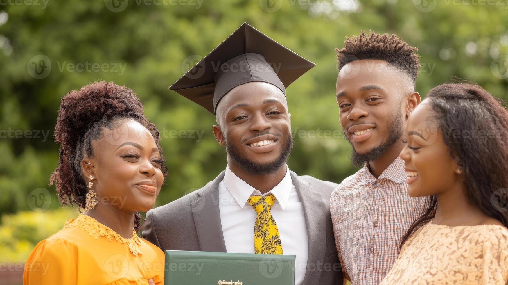 Graduate holds diploma while family surrounds him with warm hugs and joyful expressions in sunlight photo