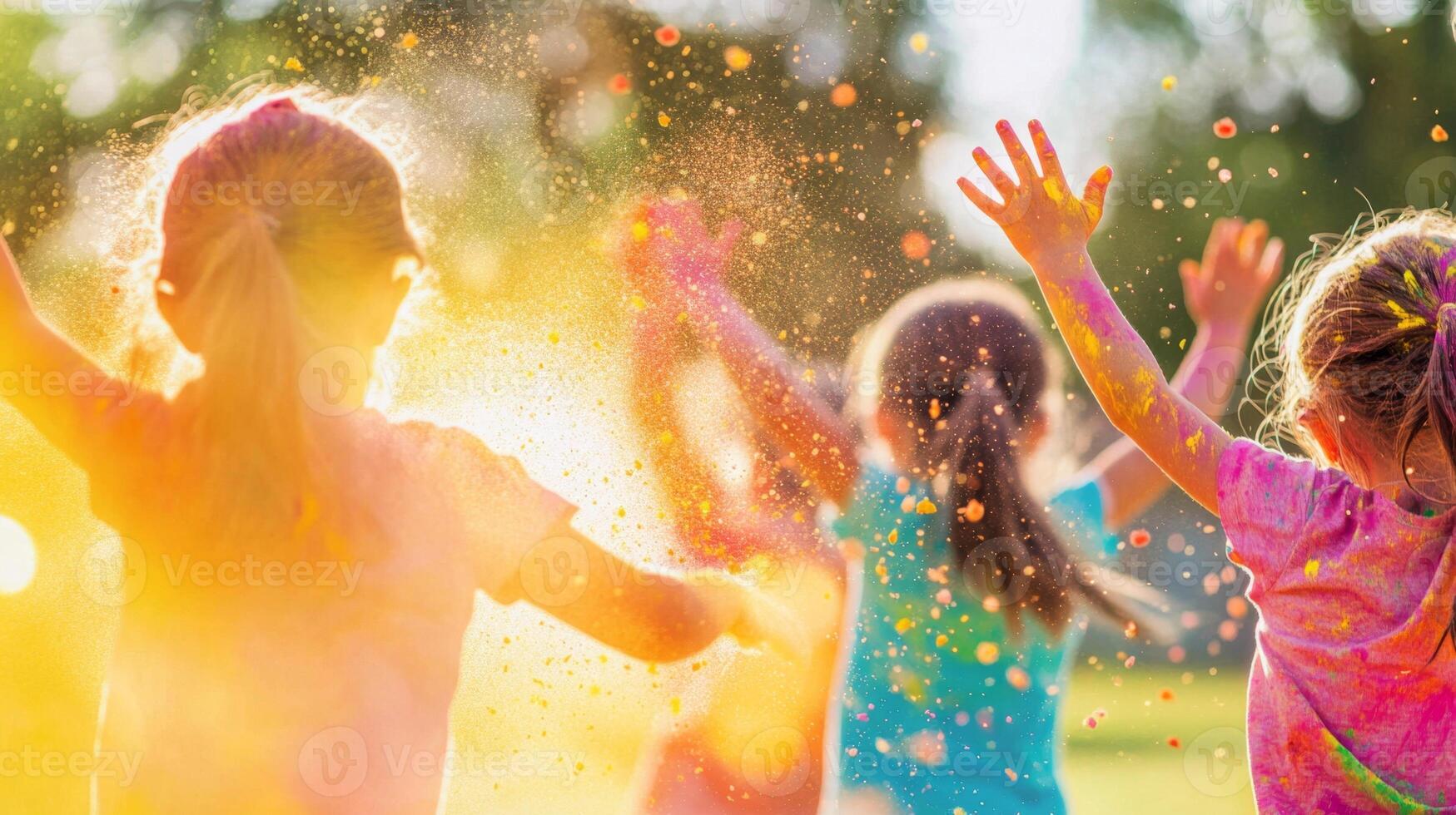 Children are playing joyfully with colorful Holi powder, enjoying the festive atmosphere in a park photo