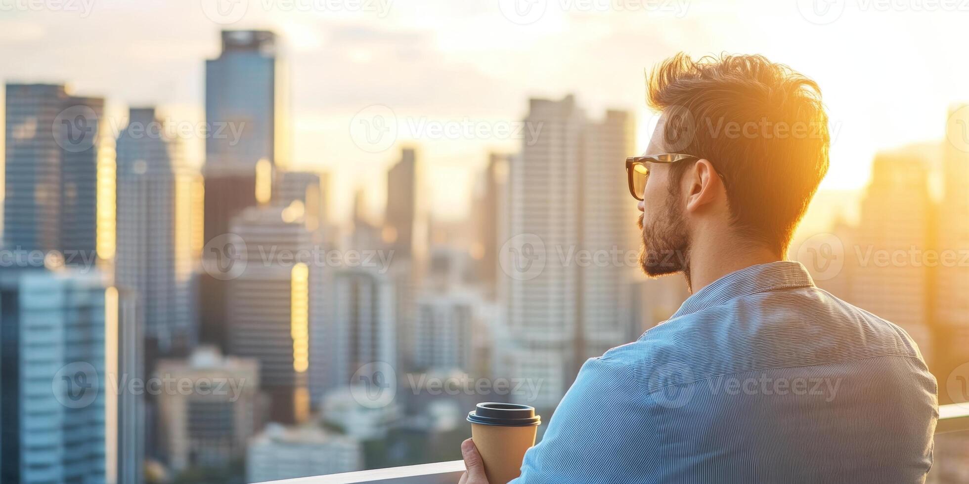 Sipping coffee on the balcony, a man embraces the peaceful city skyline at sunrise, enjoying serenity photo