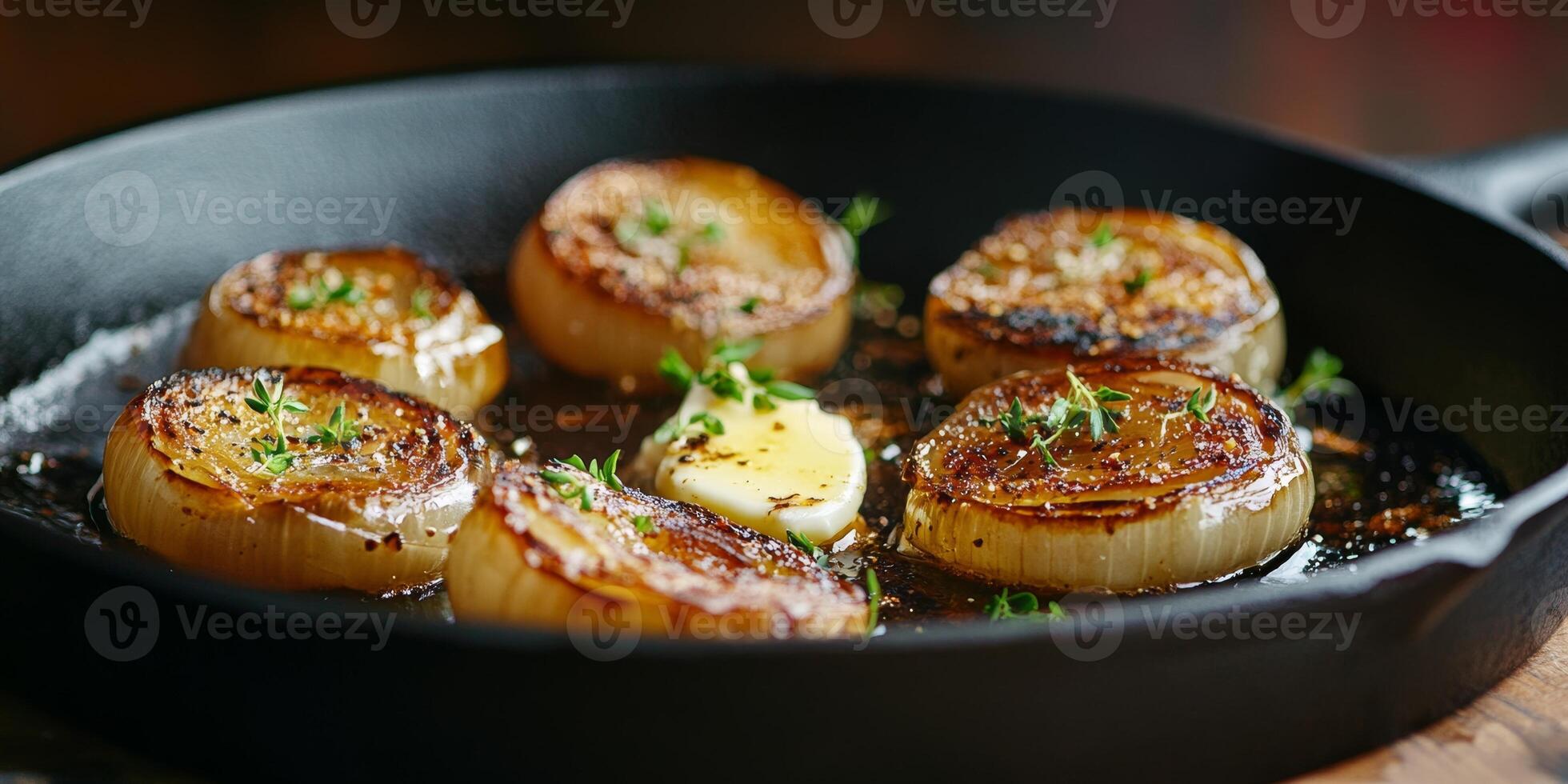 Savory baked onions seasoned perfectly, resting in a skillet with melting butter and herbs photo