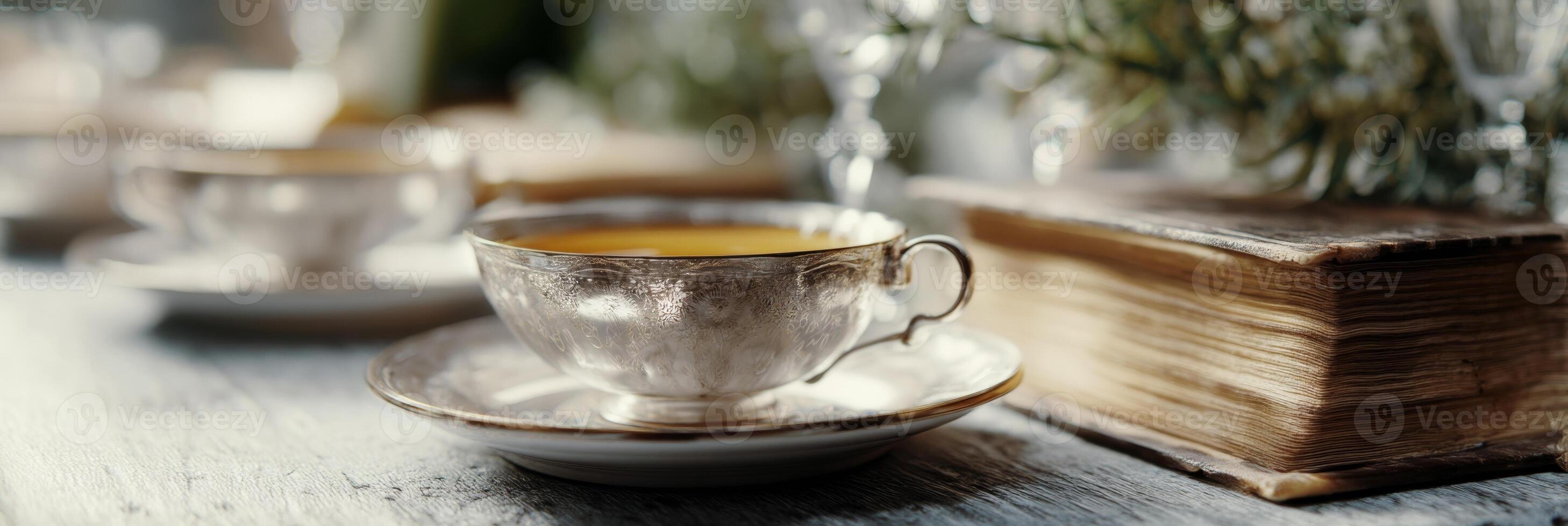 Sipping Earl Grey tea surrounded by vintage books creates a cozy atmosphere perfect for relaxation photo