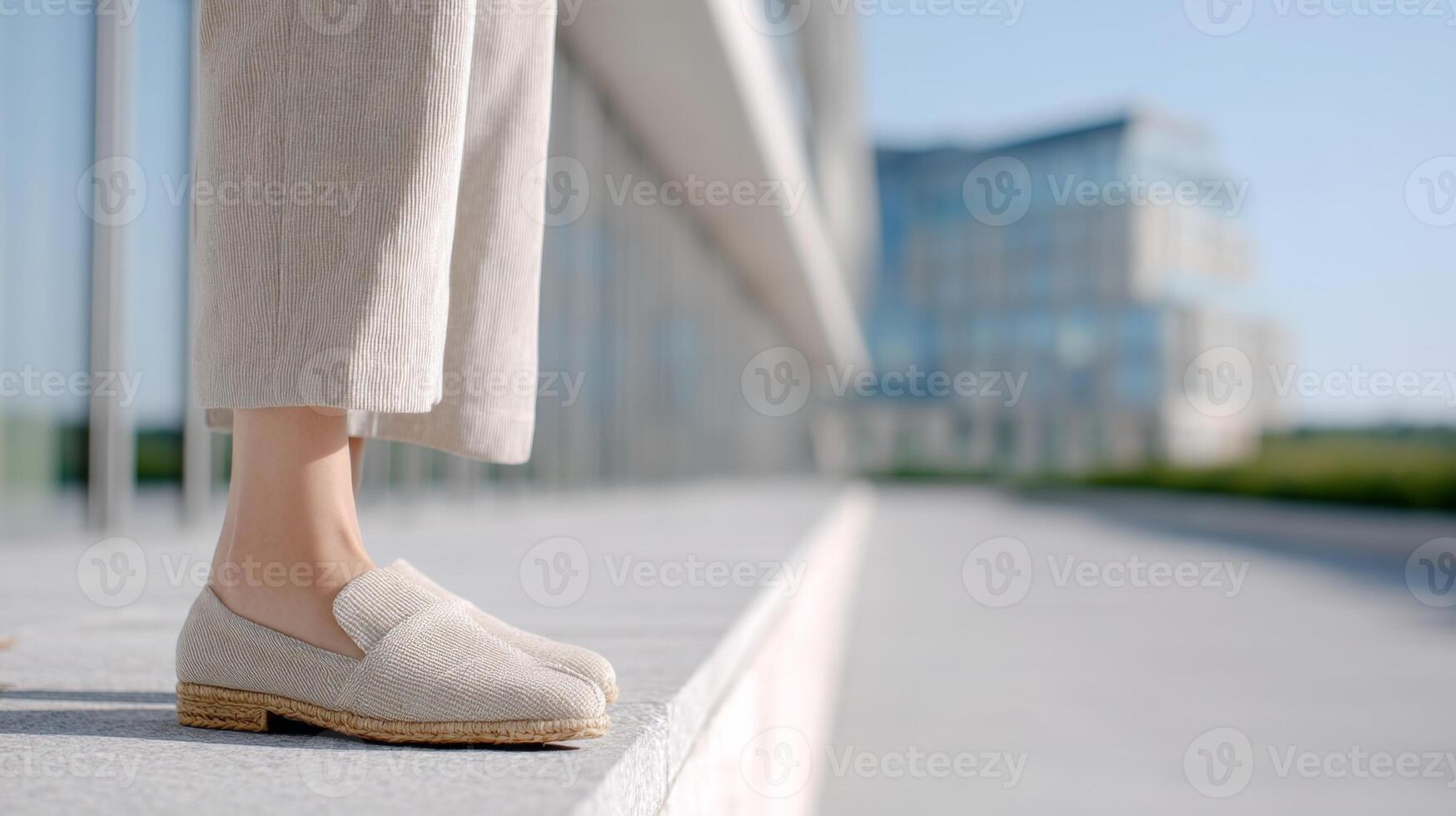 A stylish individual showcases a summer outfit with raffia mules and neutral trousers on a clean sidewalk photo