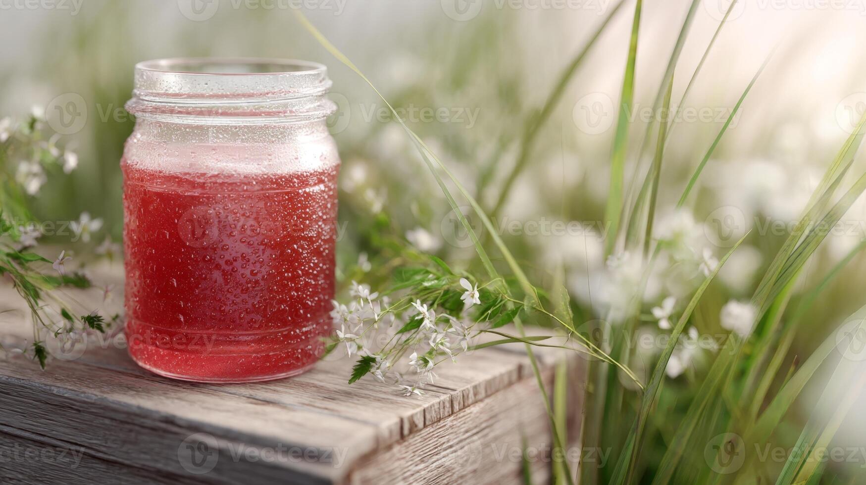 Delightful iced jam drink made from strawberry jam served in a glass jar amidst tall grass and wildflowers photo