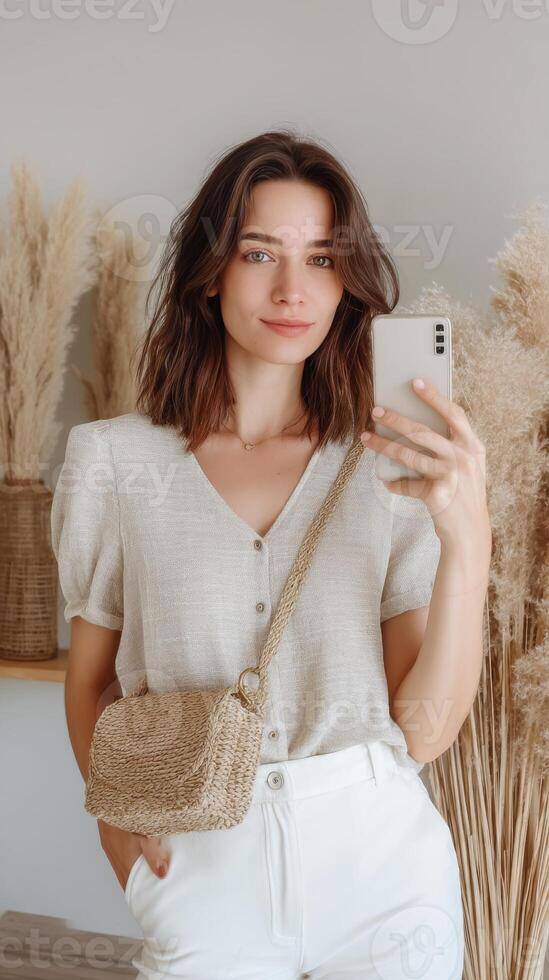 Influencer takes a chic mirror selfie in a summer outfit with raffia against earthy decor photo