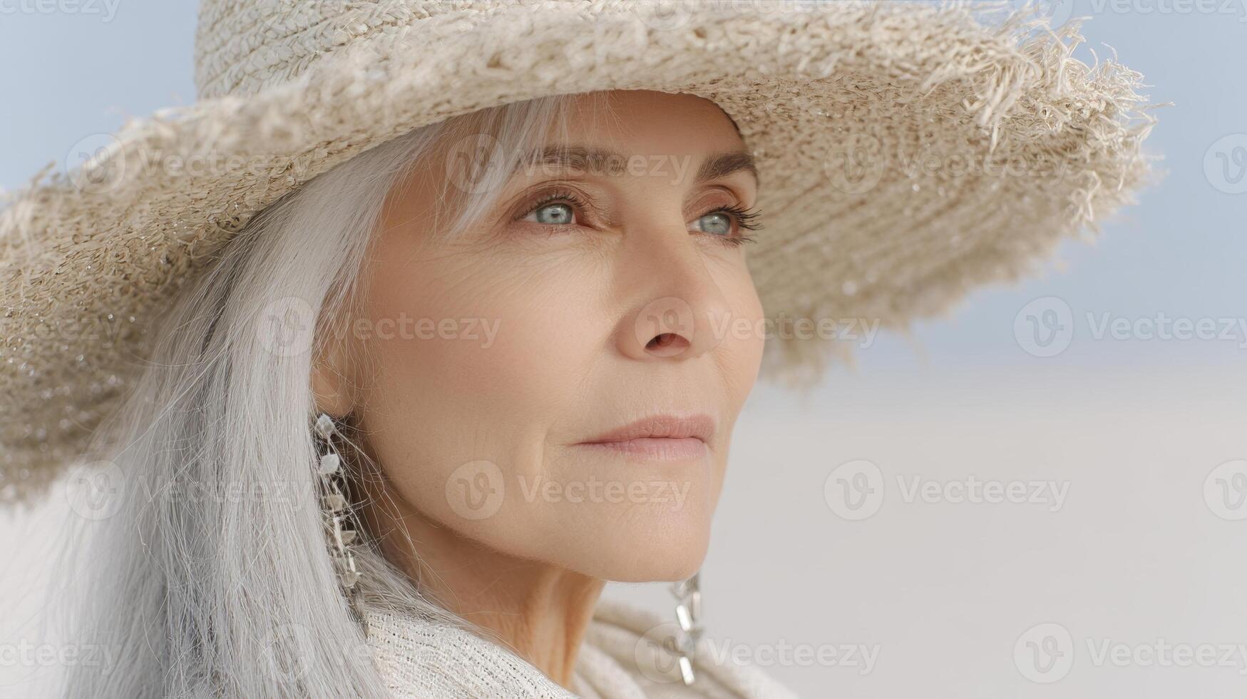 Confident elderly woman in oversized hat enjoys soft sunrise light in a minimal desert setting photo