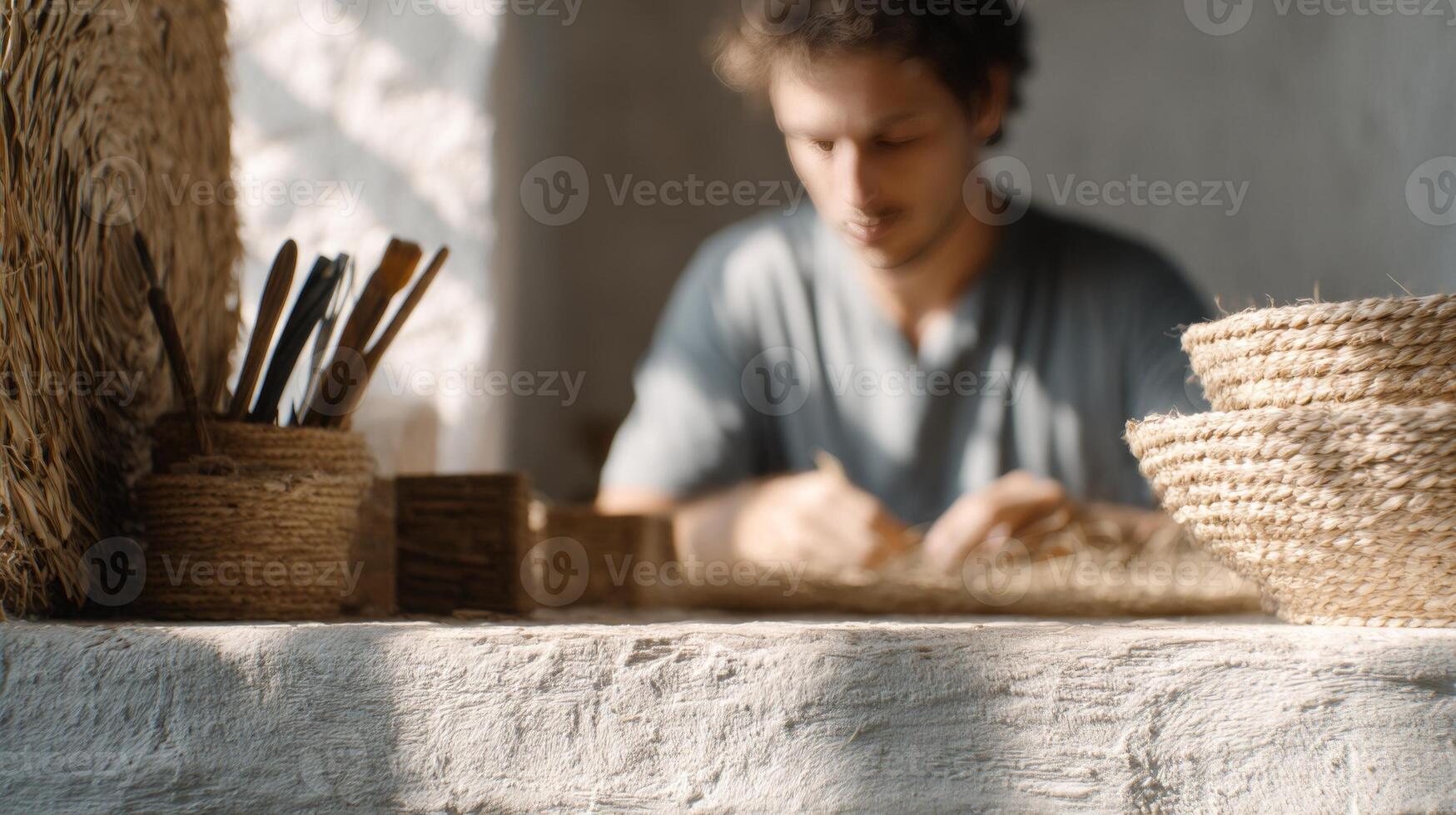 Craftsman works with raffia to create eco-friendly accessories in a cozy Mediterranean workshop photo