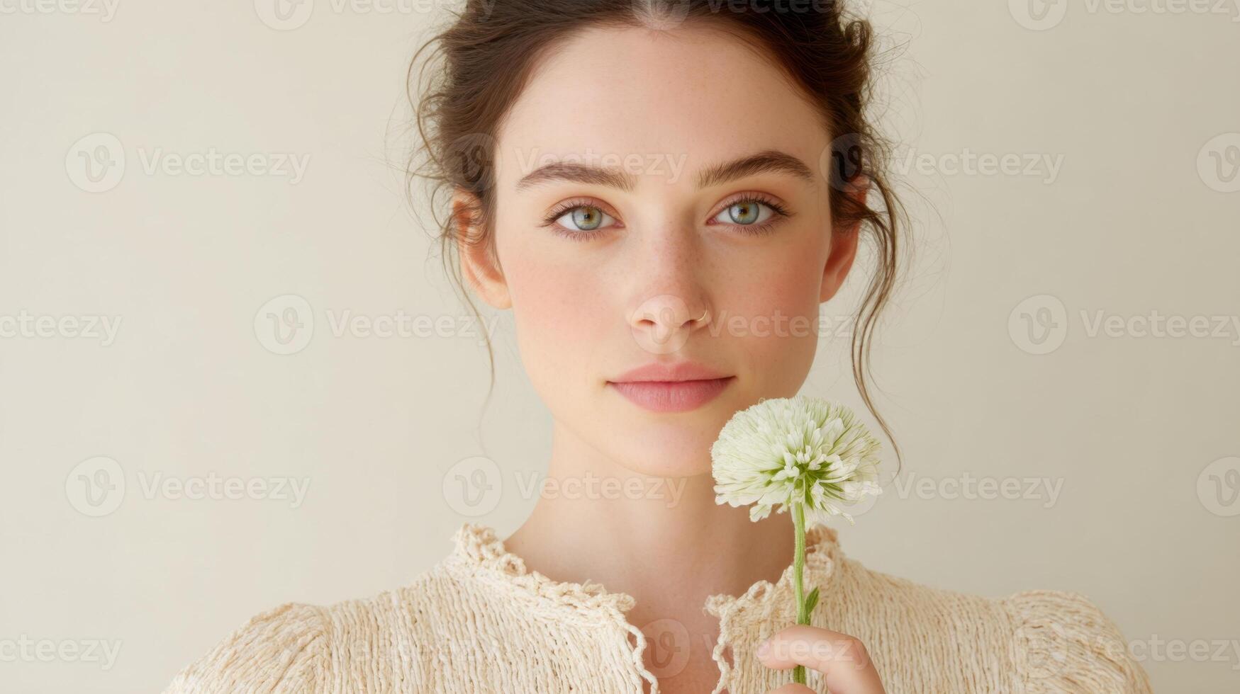 Model wears a raffia top, holding a flower, conveying a relaxed vibe in a pastel backdrop photo