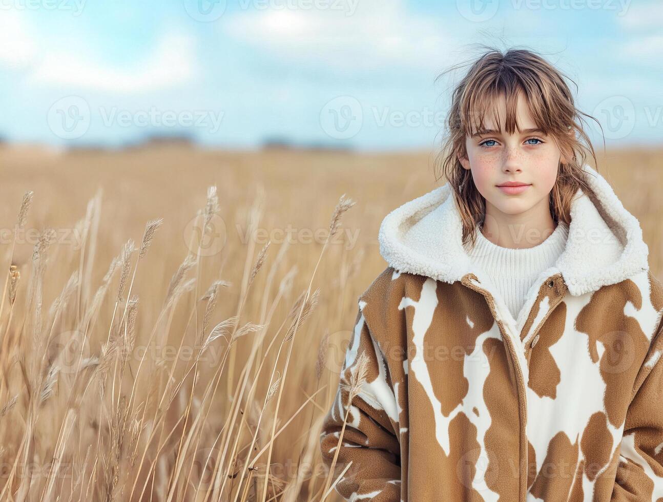 A girl in a cow print jacket smiles in a golden field under a beautiful sky photo