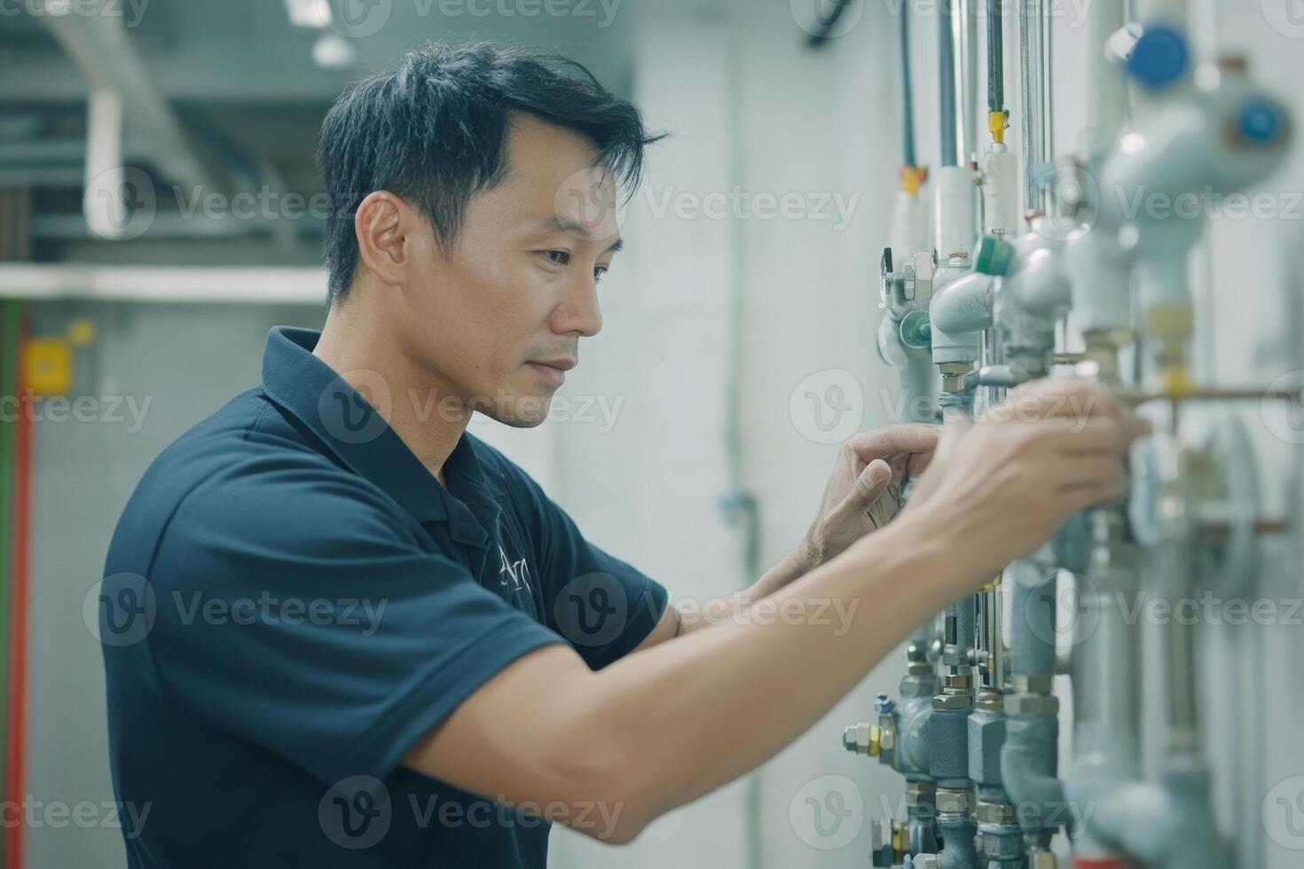 Asian male plumber is focused on installing a new water radiator in a well-equipped workshop environment photo