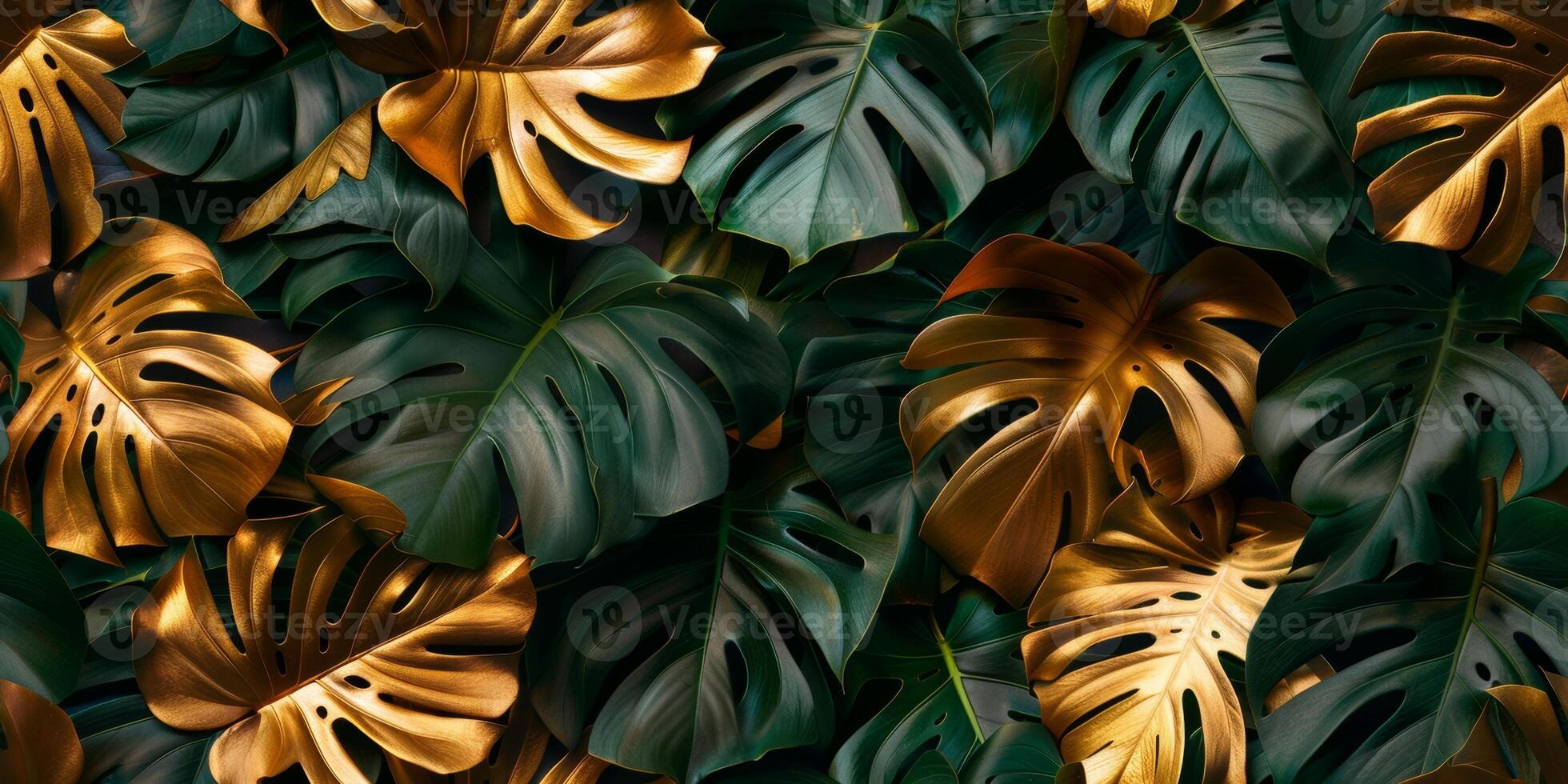 Green and gold tropical monstera leaves creative layout, summer concept background photo