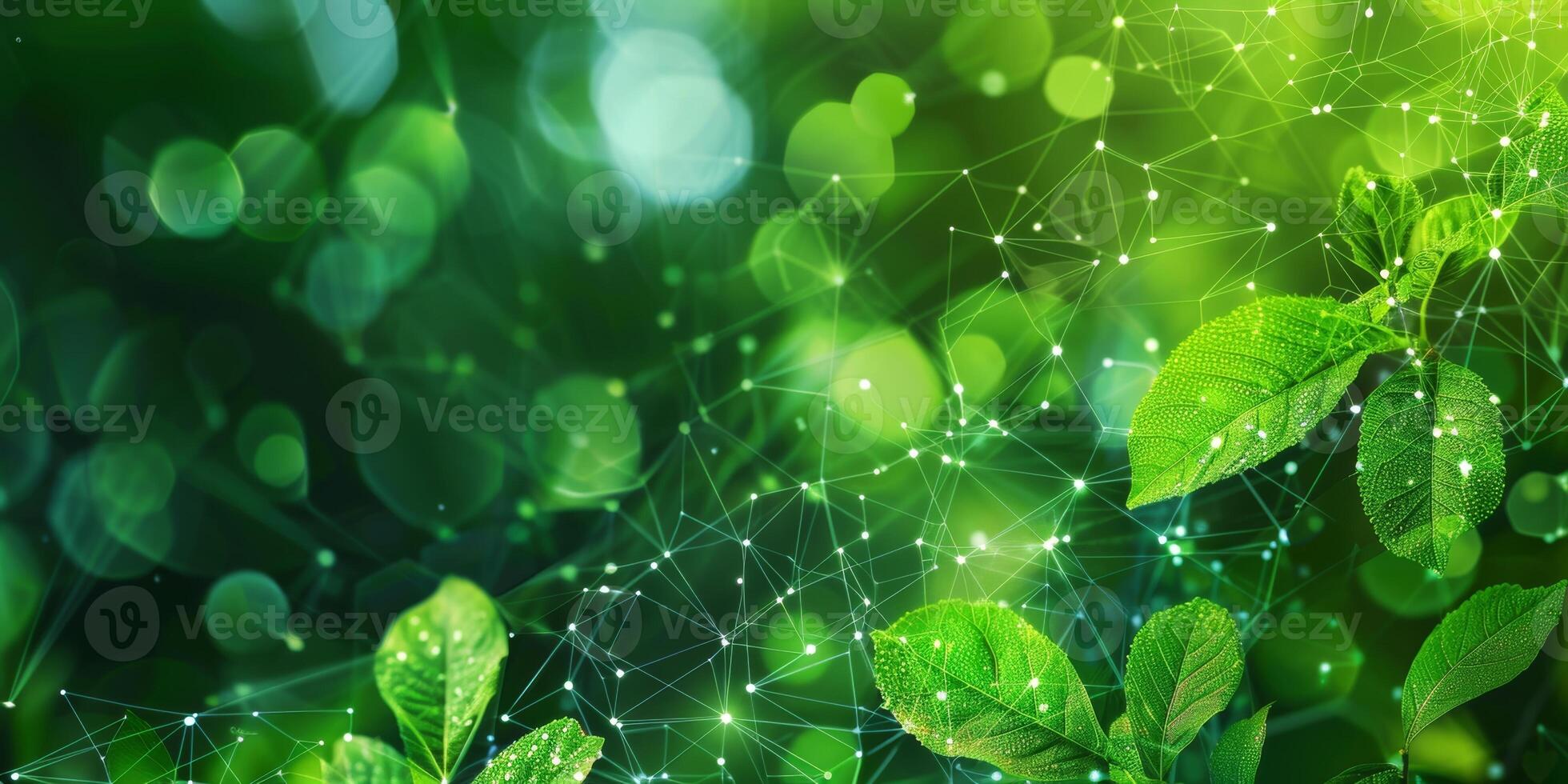 Green leaves with water droplets on them are connected by an abstract network of glowing lines in a natural outdoor setting , sustainable production and green technology concept photo