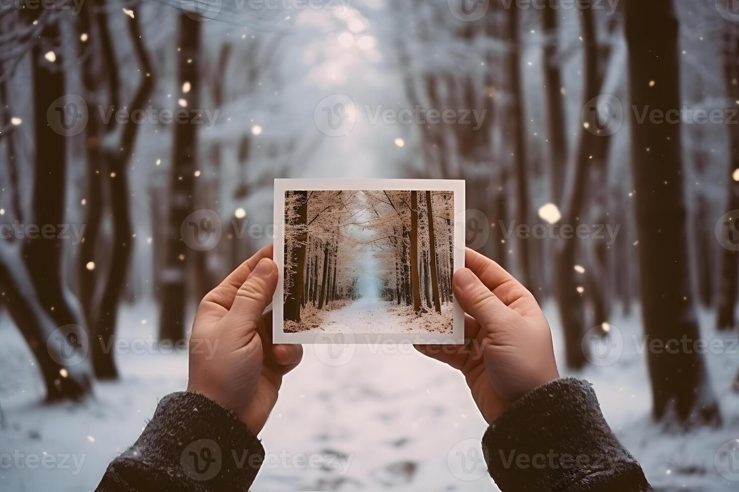 Close-up of a man's hands holding an instant photo of a winter forest with a real blurred landscape in the background
