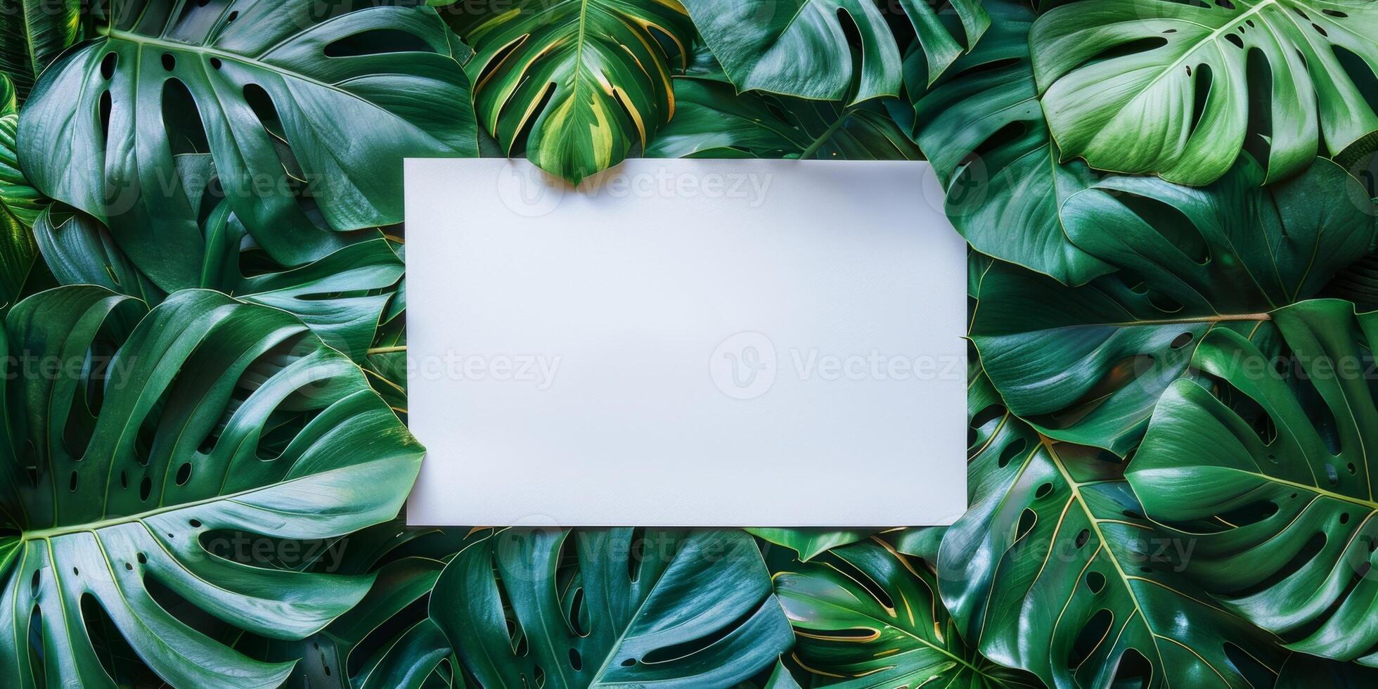 Tropical monstera leaves as a creative layout with place for text, summer concept background photo