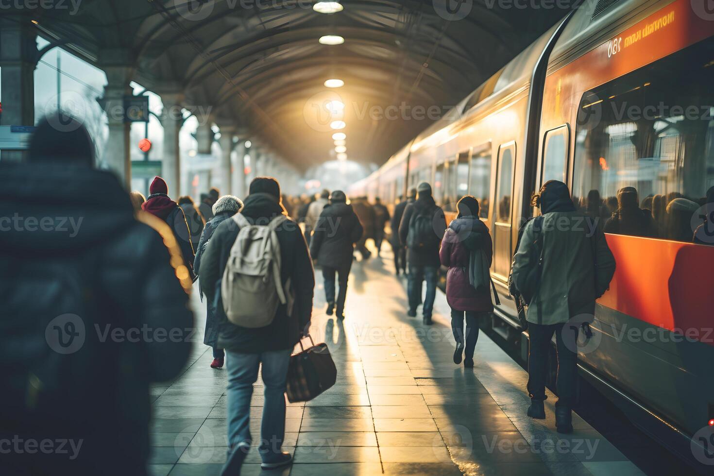 People walk along the platform of a railway station near a train photo