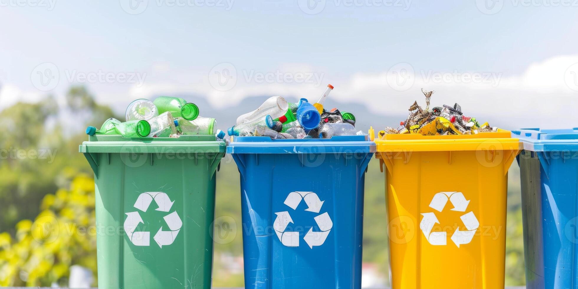 Three recycling bins, each filled with different materials, stand in a row against a blue sky, waste reduction and planet ecology concept photo
