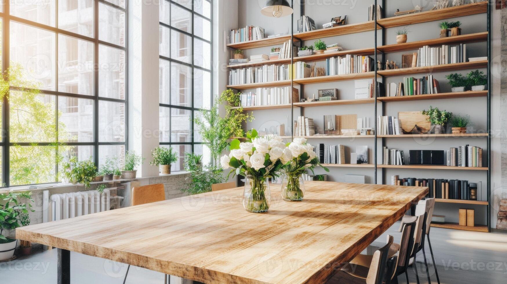 Warm industrial loft features a wooden table adorned with fresh flowers, inviting a cozy atmosphere for gatherings photo
