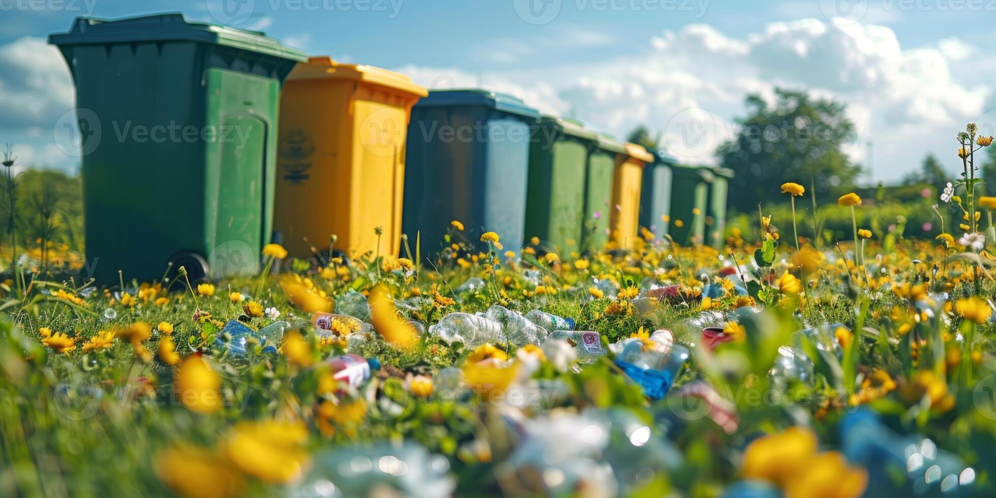 Colorful recycling bins lined up in a field of flowers with some discarded plastic bottles scattered in the foreground, waste recycling and circular economy concept photo