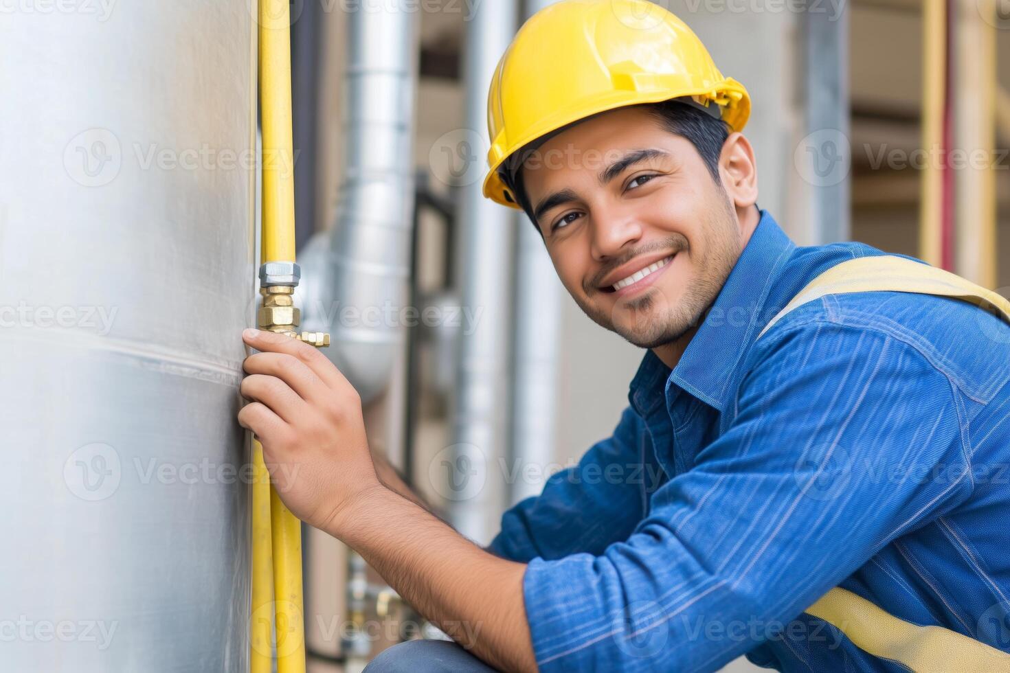 A young Latino plumber checks the connections of a water heater in a dimly lit workshop surrounded by industrial pipes photo
