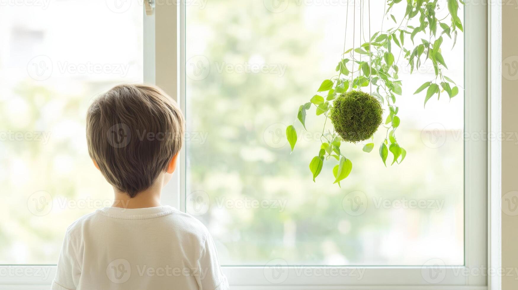 A child gazes in wonder at a kokedama hanging near the window, embracing nature indoors photo