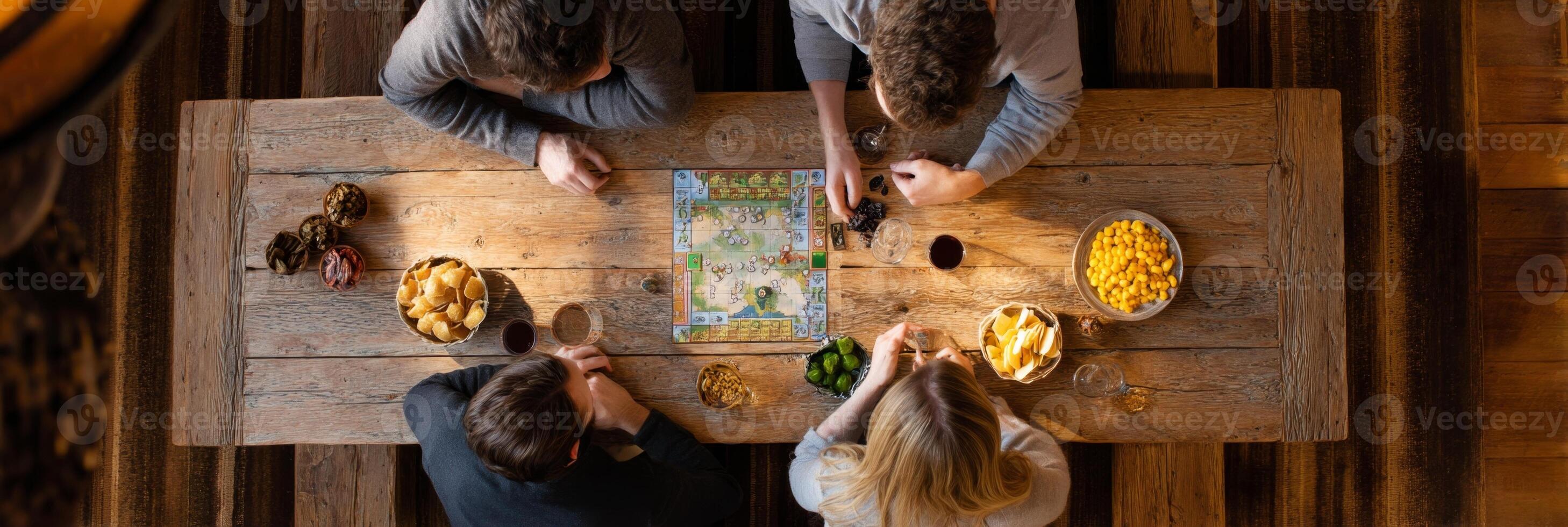 Happy adults share playful moments over board games and snacks in a cozy atmosphere, kidults concept photo