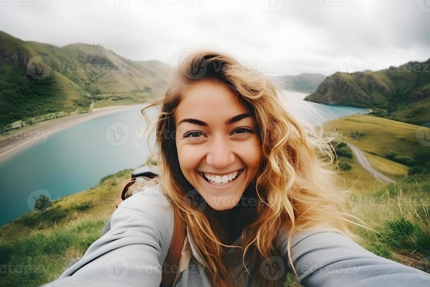 Young smiling woman taking selfie while hiking alone in mountains photo