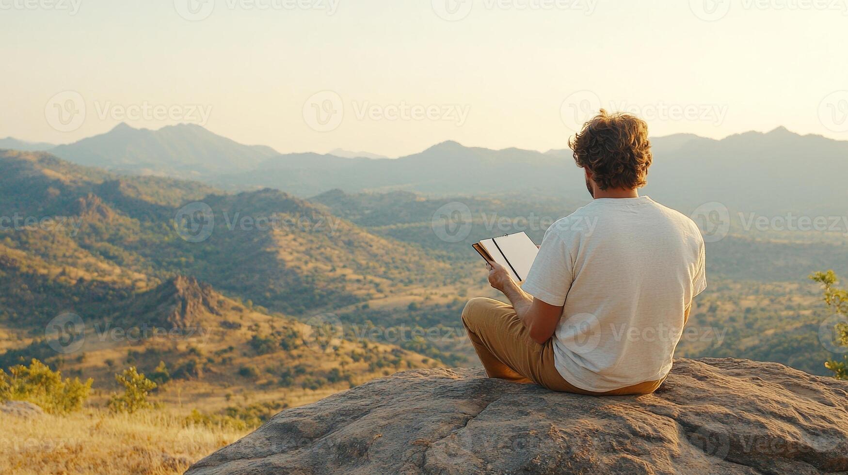 A man sits on a rock, writing in a notebook and enjoying the calm of the mountains under a clear blue sky photo