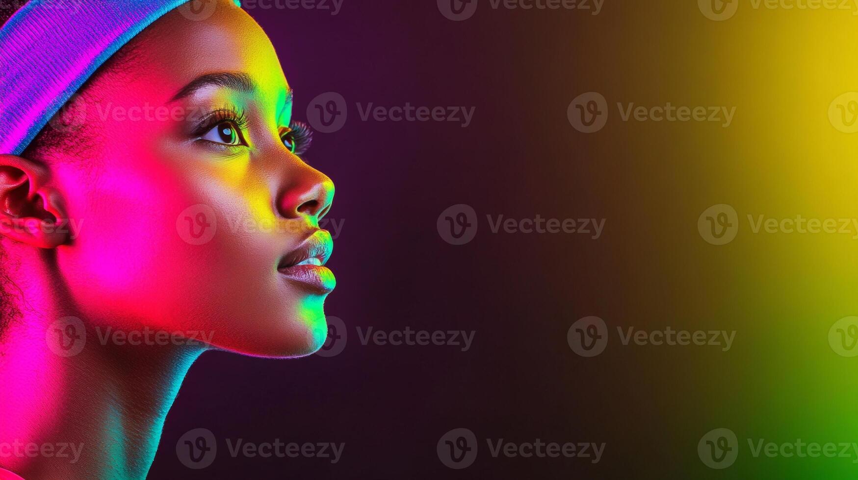 A woman in sportswear shows an expressive look with vibrant colors and creative lighting on a minimalist background photo