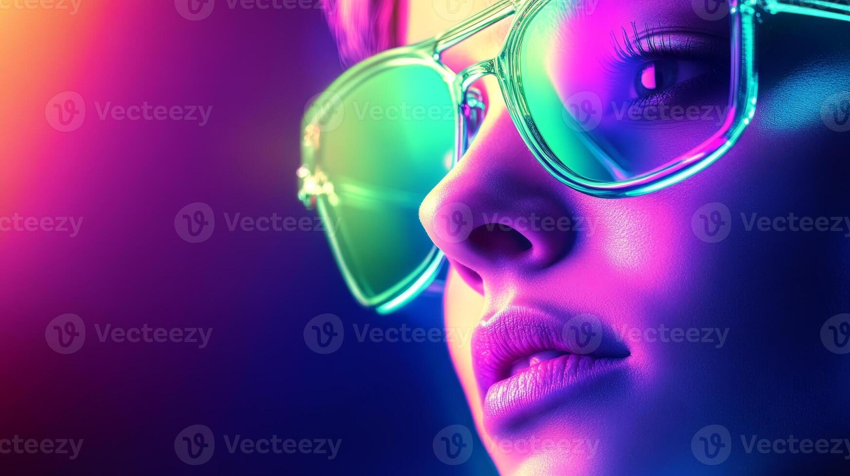 Bright cyberpunk glasses reflect intense neon light, capturing a moment filled with expressive emotion and modern style photo