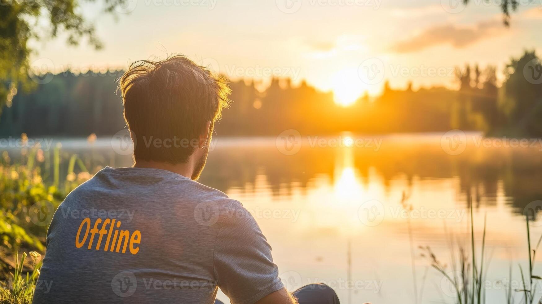 A person relaxes by a quiet lake at sunset, enjoying nature and offline time for stress relief photo