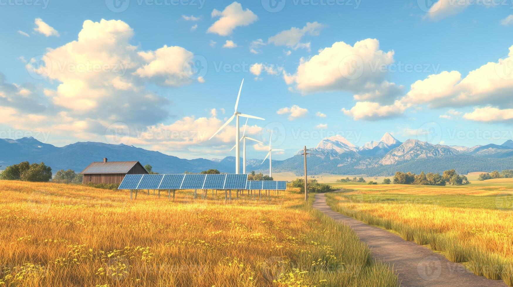 Golden fields stretch under a bright sky as windmills and solar panels symbolize renewable energy harmony photo
