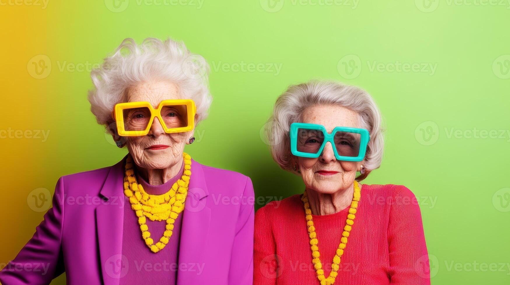 Two elderly women in bold outfits wear neon glasses while showcasing unique jewelry in a modern, energetic setting photo