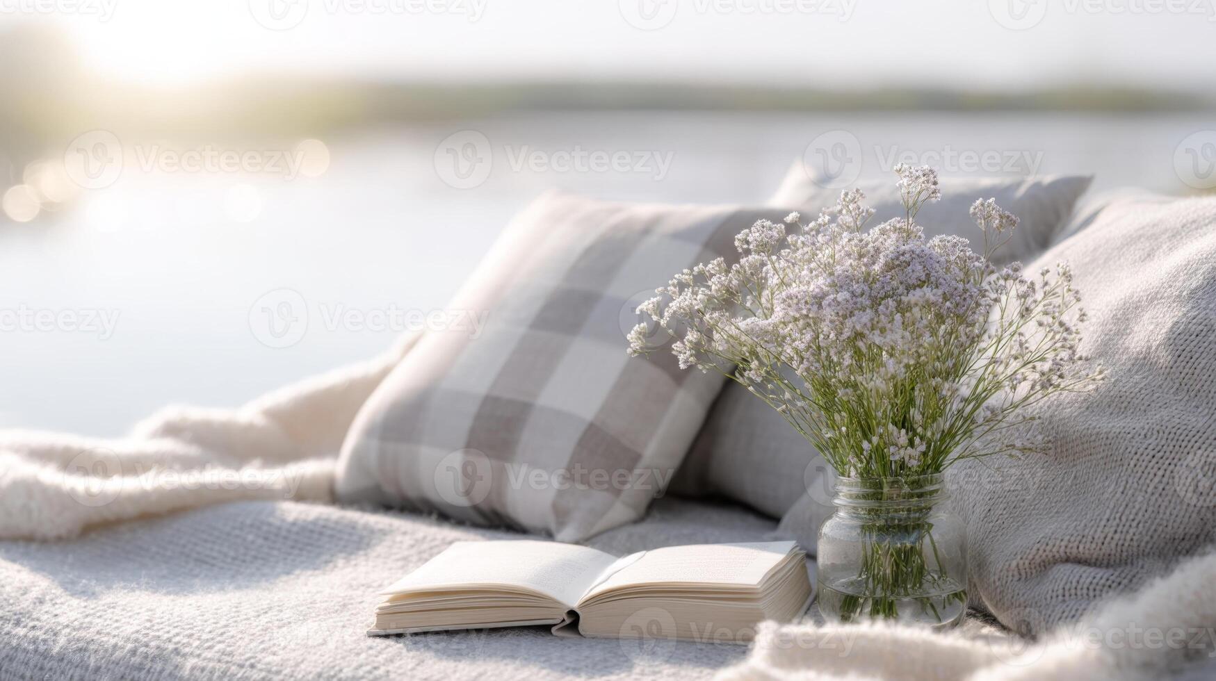 Soft pillows and a journal await by the serene lakeside, illuminated by a gentle sunset photo