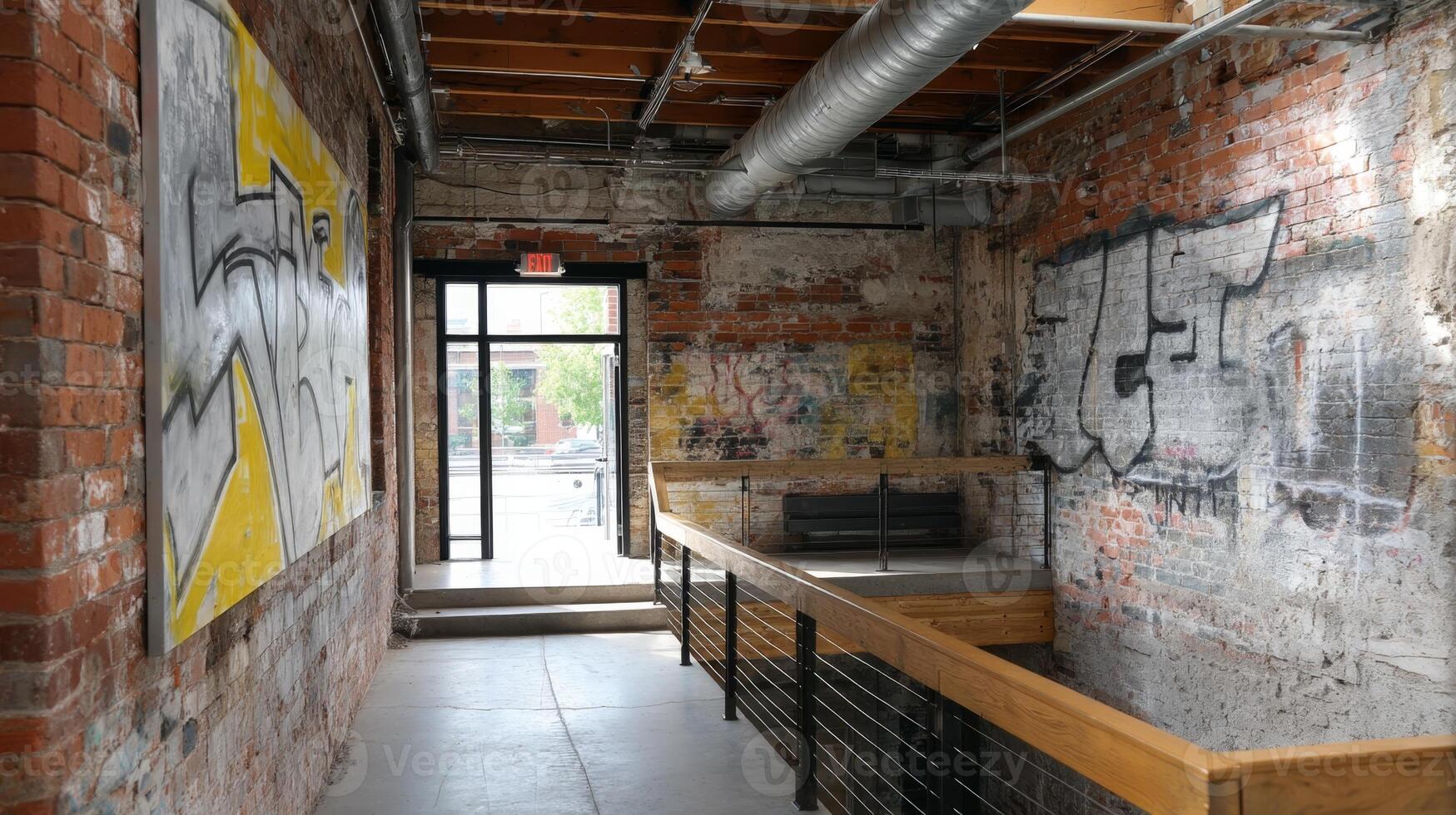 Urban loft space features original brick walls and modern design elements with strong contrasts photo