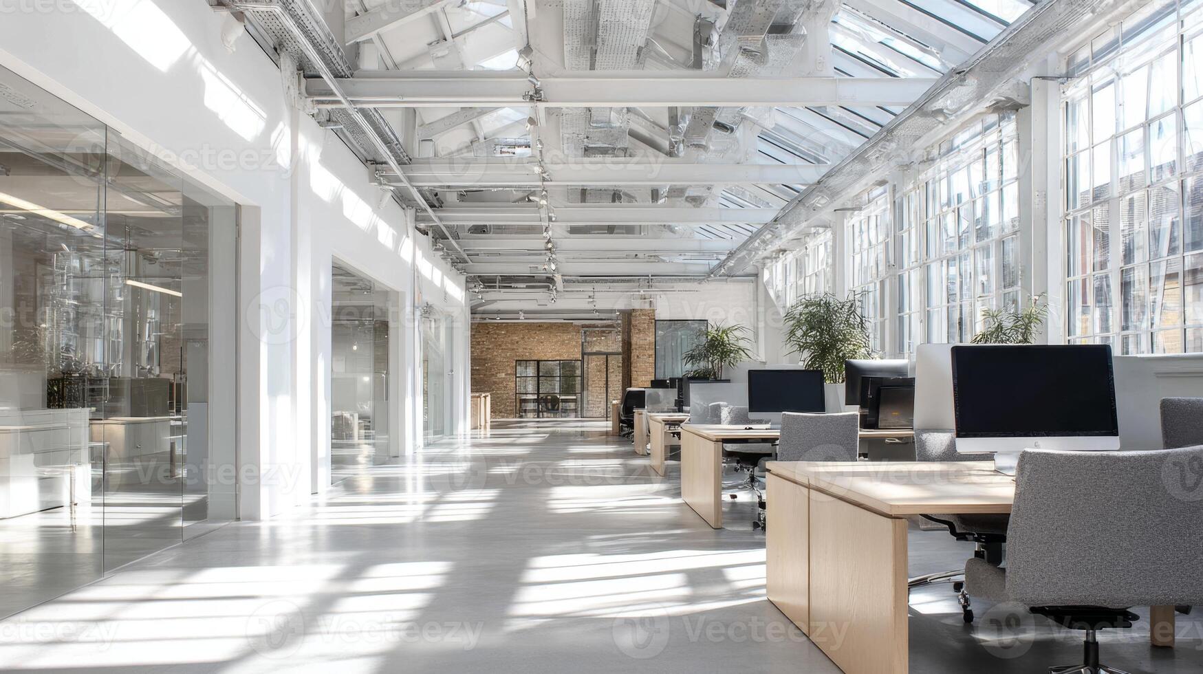 Creative team collaborates in a bright, open-plan office with industrial chic design in urban setting photo