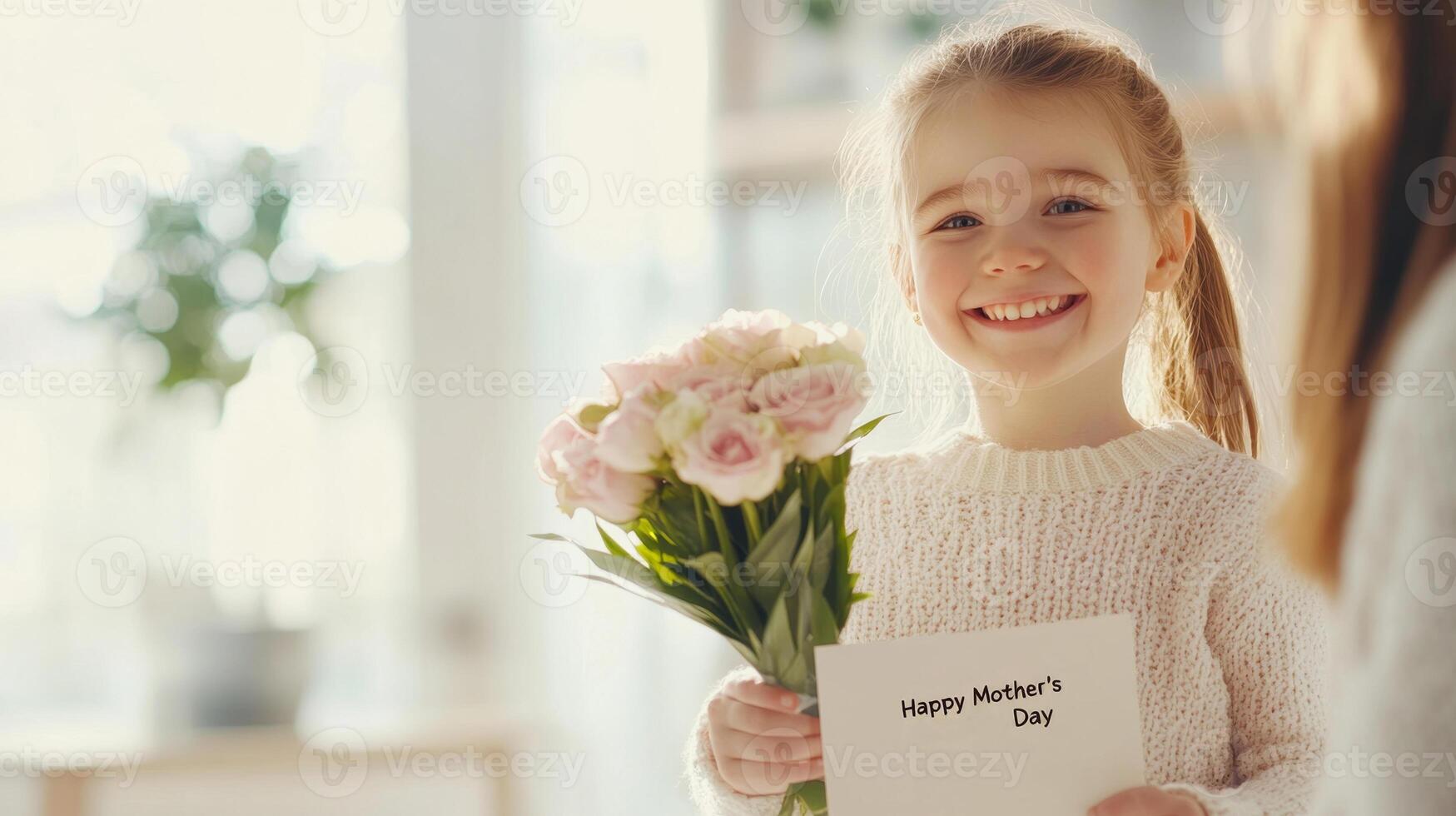 Little girl offers flowers and a Mother's Day card to her mom in a bright, cheerful living space photo