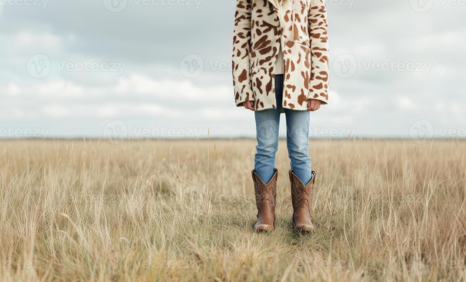 A girl poses confidently in a field, showcasing her cow print jacket and stylish cowboy boots against a cloudy backdrop photo