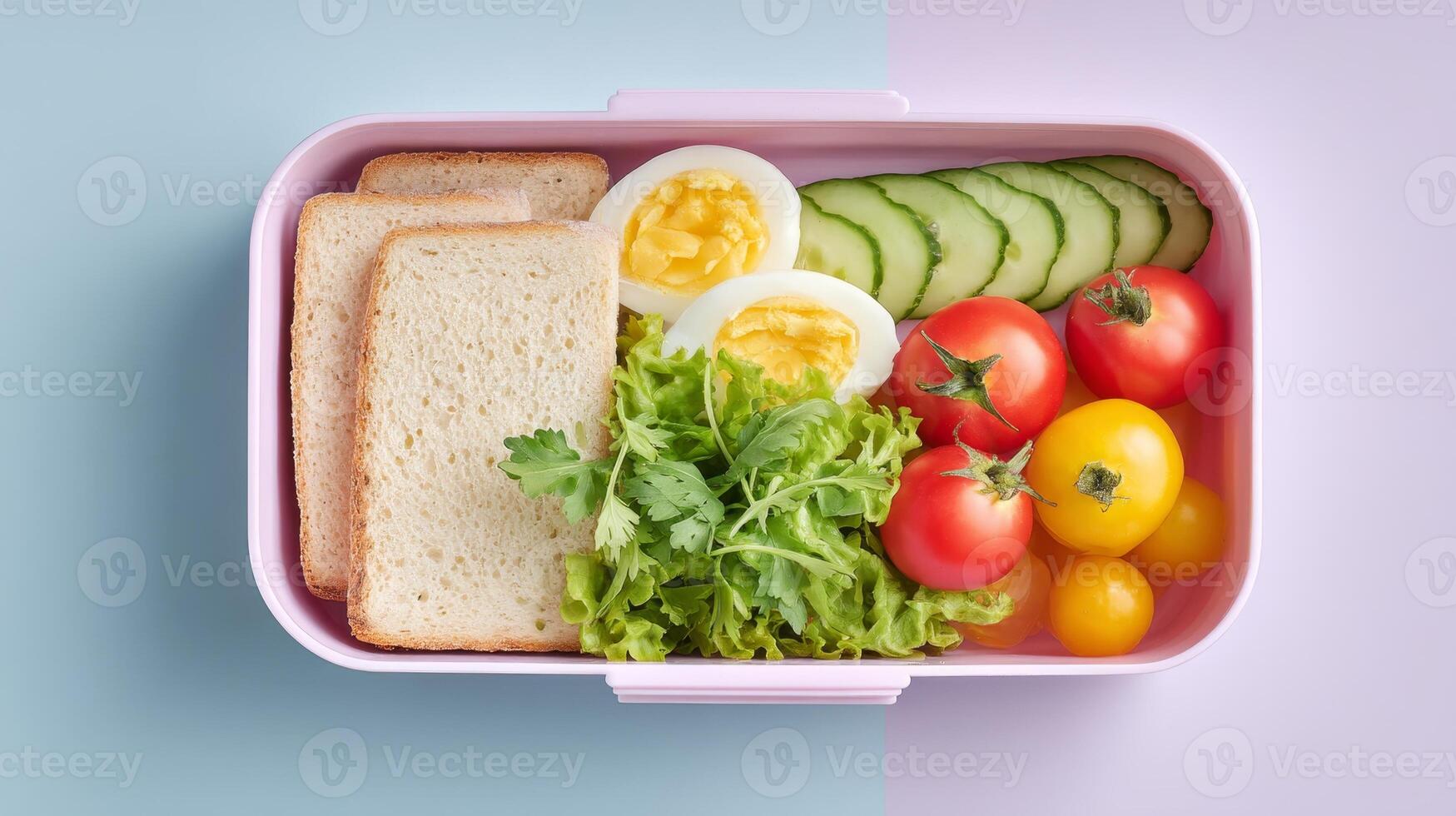 Neatly arranged food in a lunchbox provides a homemade and budget-friendly meal option, packed lunch concept photo