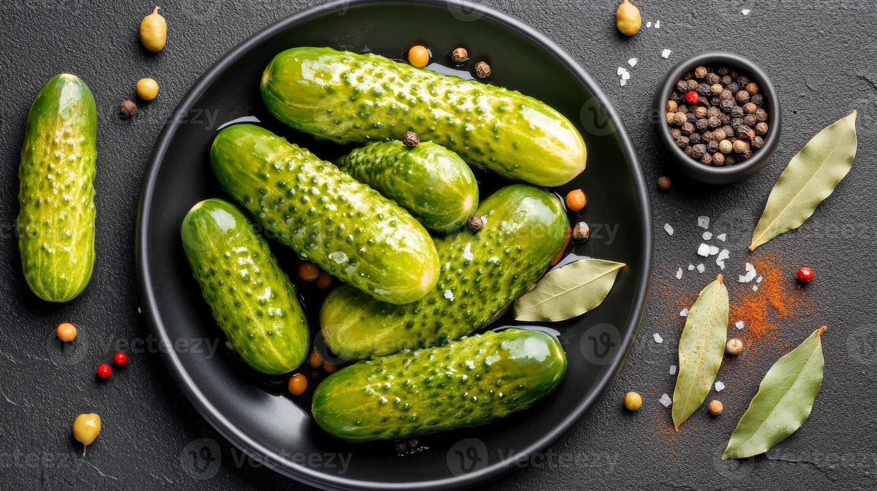 Whole pickled cucumbers glisten with brine, surrounded by spices on a dark plate, creating a trendy snack photo