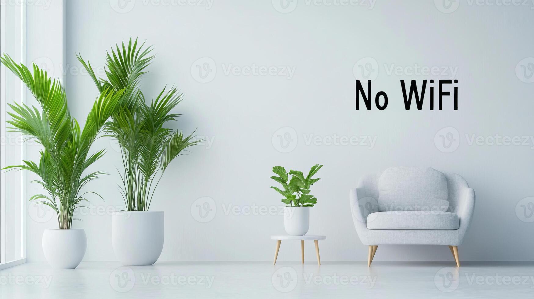 Tranquil minimalist space features soft furniture, greenery, and a clear No WiFi message encouraging relaxation photo