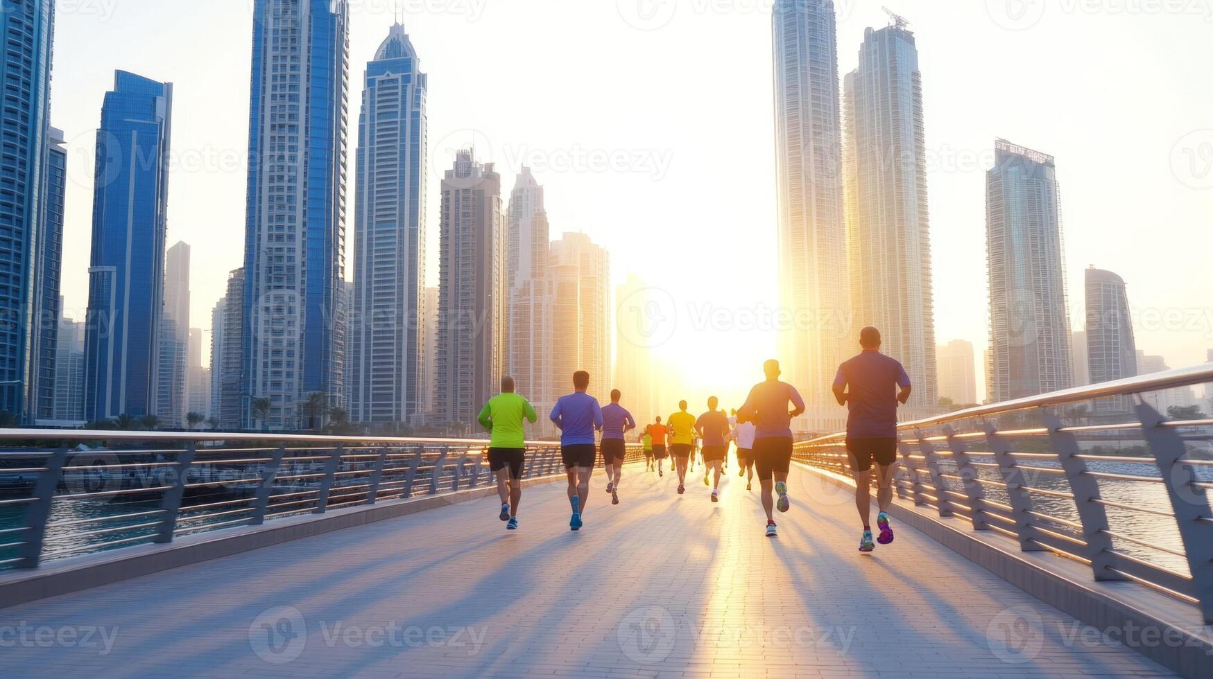 A group of diverse runners kickstarts their day with a lively cardio workout in an urban setting at sunrise photo