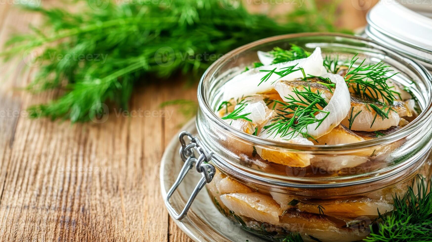 Canned herring served on a plate with fresh onions and dill, surrounded by a cozy, rustic atmosphere and natural light photo