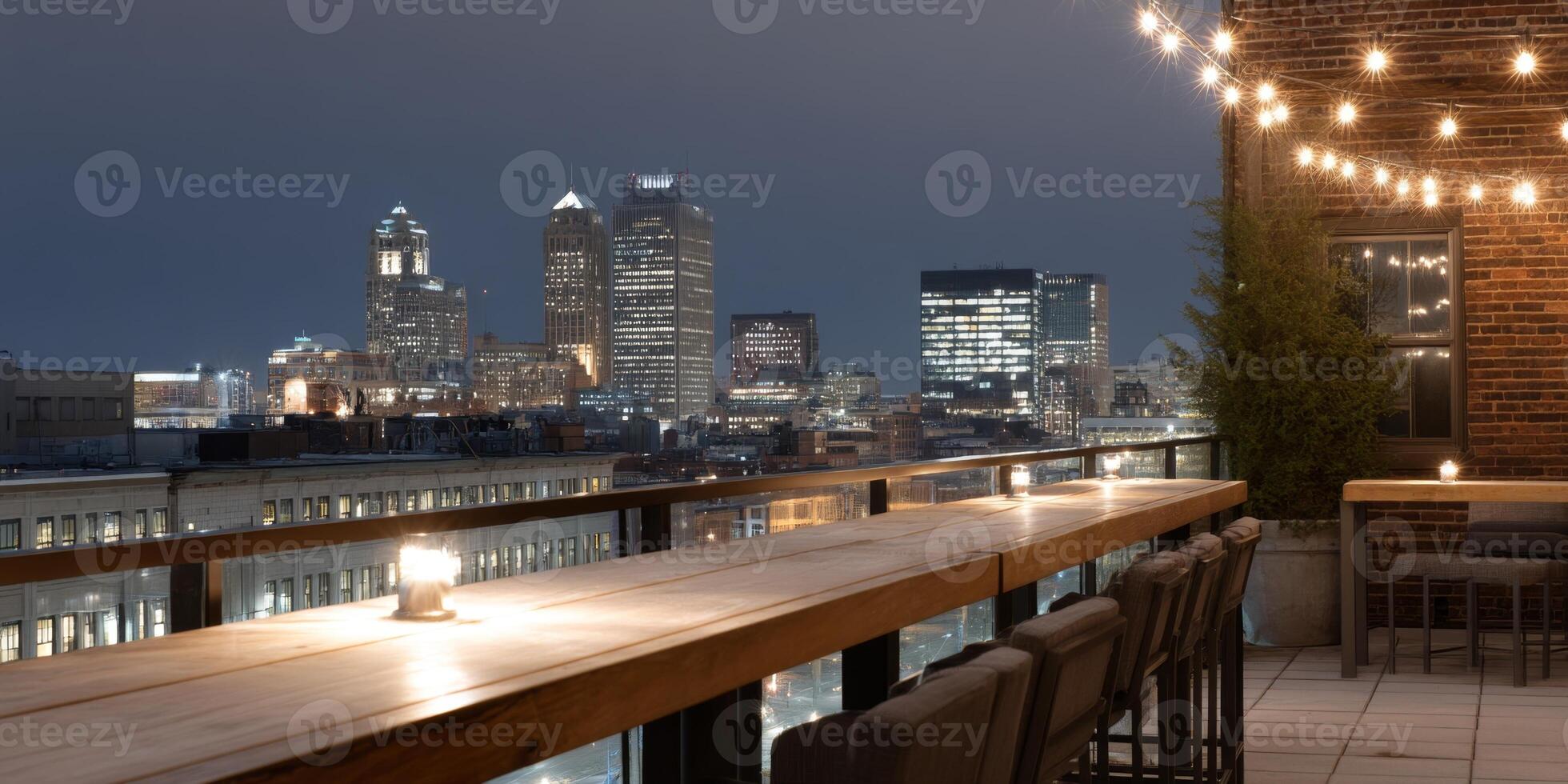 Cozy rooftop bar on a post-industrial building offers stunning city views at night with twinkling lights photo