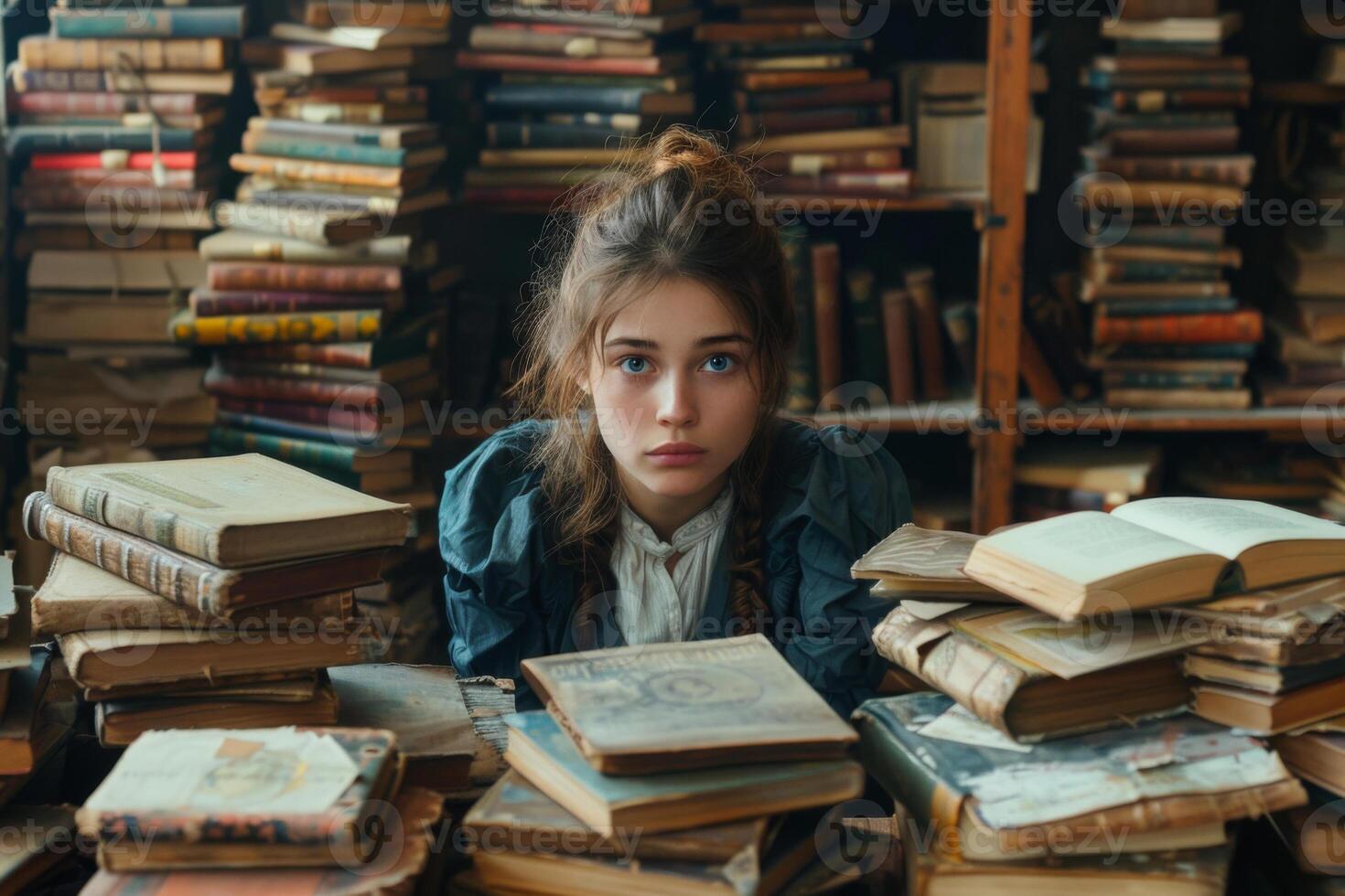Young woman sitting at a table with a lot of books on it and around it photo