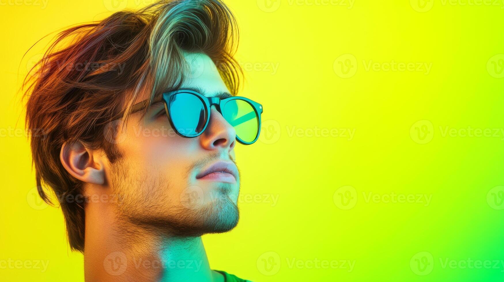 A man poses with a unique hairstyle and sunglasses, highlighted by vibrant neon colors in a contemporary studio setting photo
