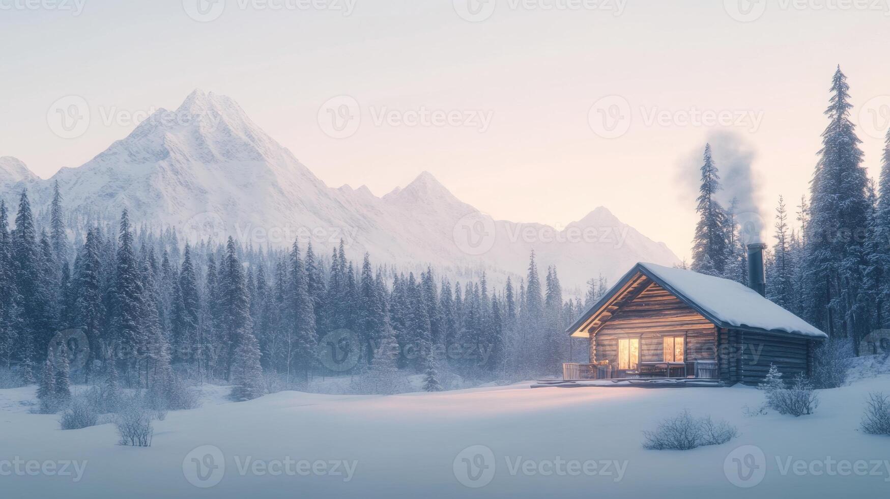 Warm light glows from a cabin in a snowy forest, surrounded by mountains and soft evening hues photo