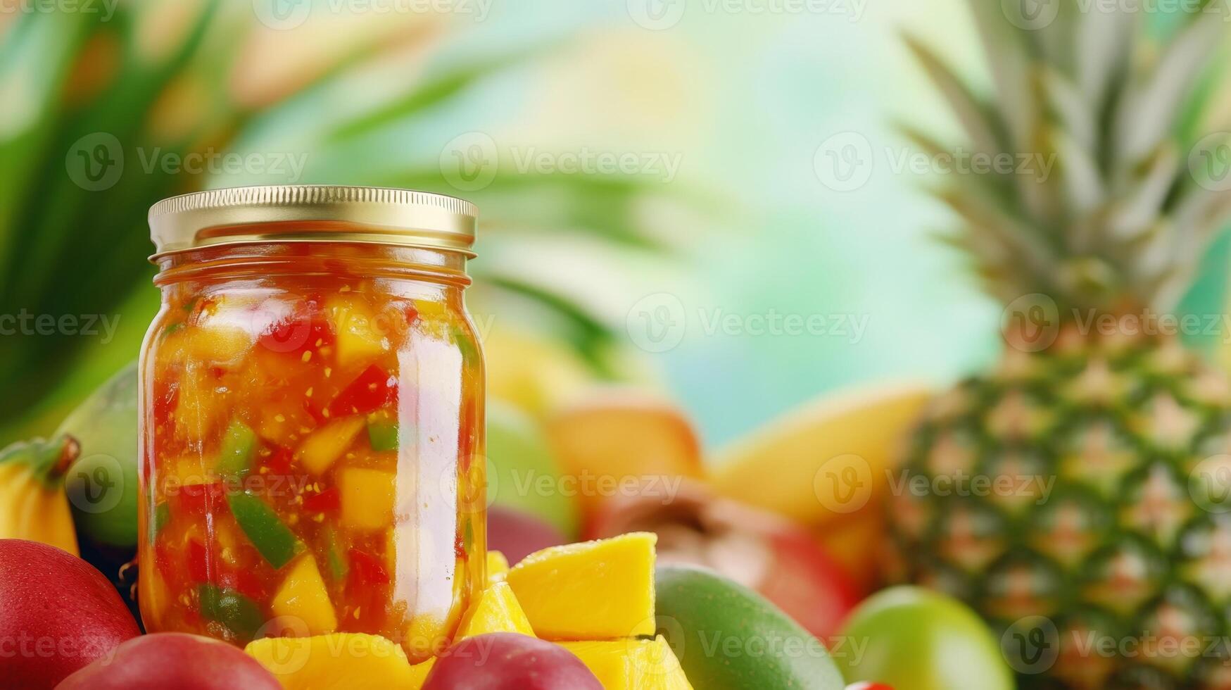 Mango pickle sits among fresh tropical fruits like pineapple and papaya in a colorful setting photo
